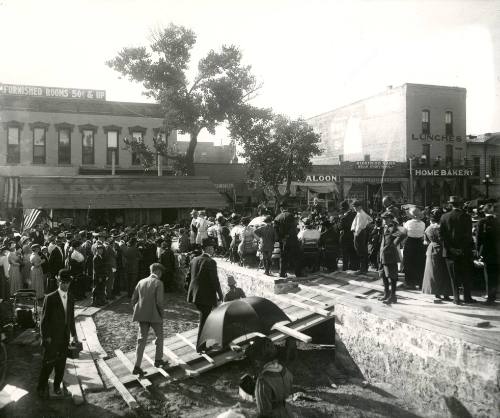 A crowd at the groundbreaking for the Y.M.C.A.
