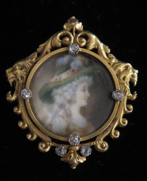 Victorian pin with porcelain portrait and diamonds
