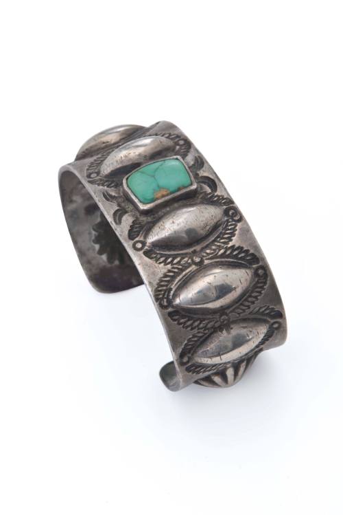 Navajo Silver and Turquoise Repousse Bracelet