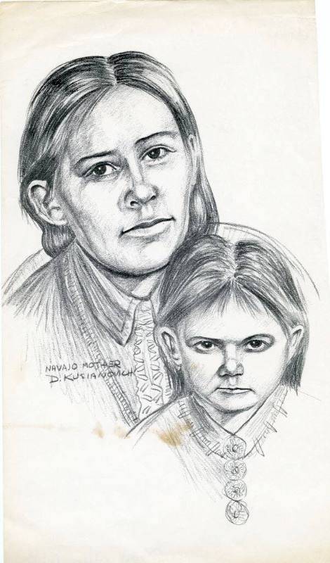 Photocopy of a charcoal drawing of a Navajo woman and young child