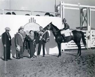 A racehorse with a jockey atop stand next to an unidentified group of people