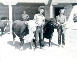 A White Face Hereford and a Black Angus stand with unidentified junior handlers