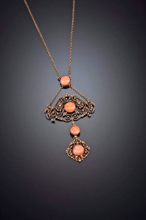Necklace Pendant with Four Coral Cabochons