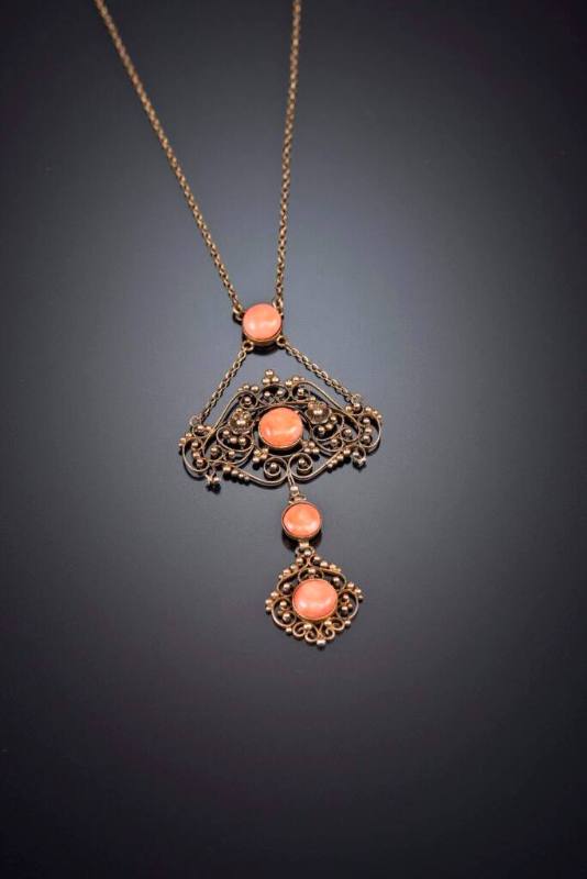 Necklace Pendant with 4 Coral Cabochons