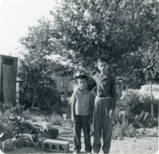 Two boys stand in  a yard