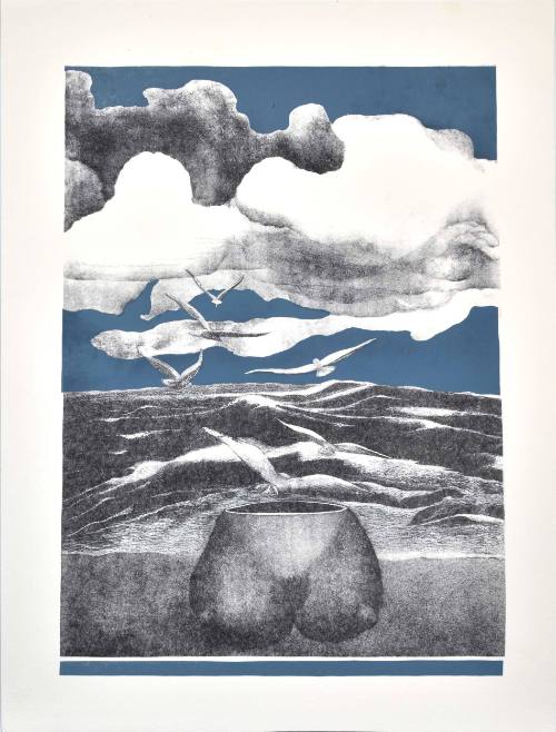 Untitled (ocean, birds, clouds, female figure)