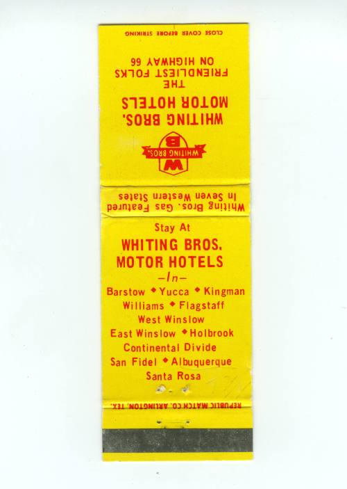 Whiting Bros. Motor Hotels matchbook
