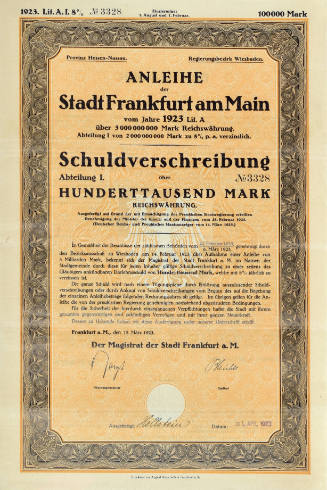 100,000 German Mark stock certificate