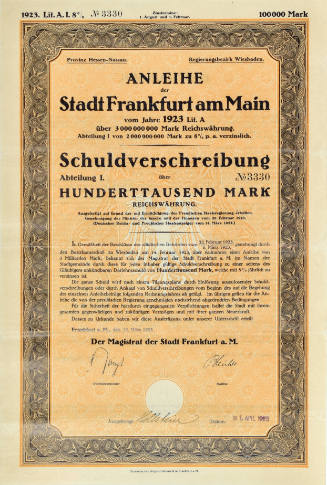 100,000 German Mark stock certificate