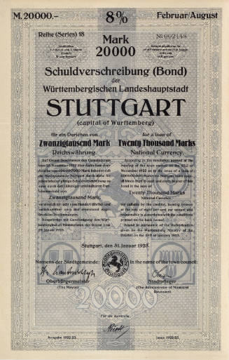20,000 German Mark stock sheet