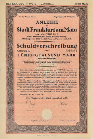 50,000 German Mark stock certificate