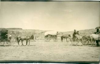 Four horse drawn wagons with people in them