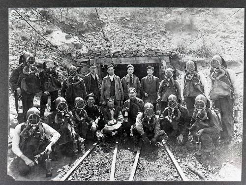 Mine rescue team outside the entrance to a mine